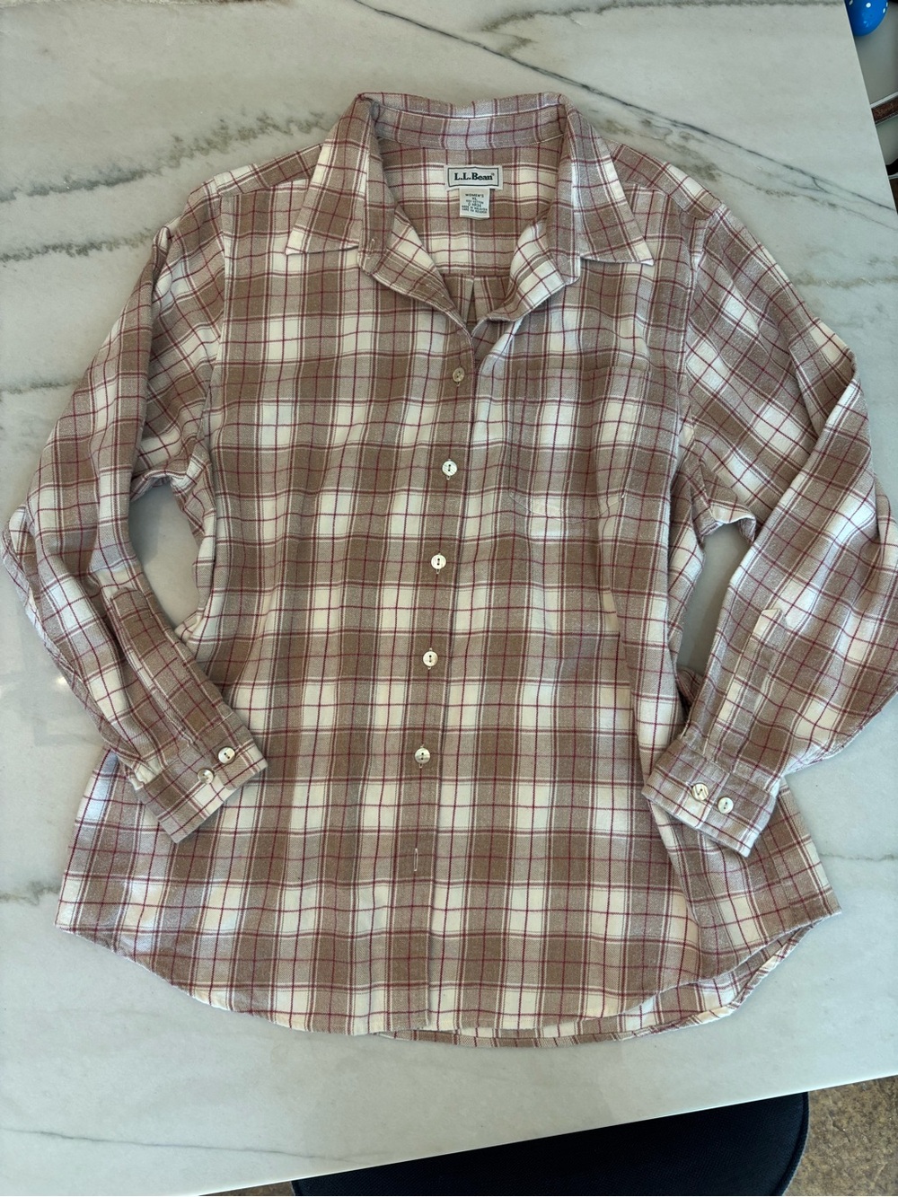 L.L. Bean Plaid Flannel Long Sleeve Brown Cream Pink Button Down Cotton Size XL